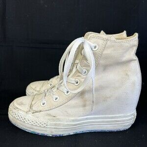 Converse All Star Wedge Sneakers High-Top White Fabric Wedge Shoes Women's 39/8